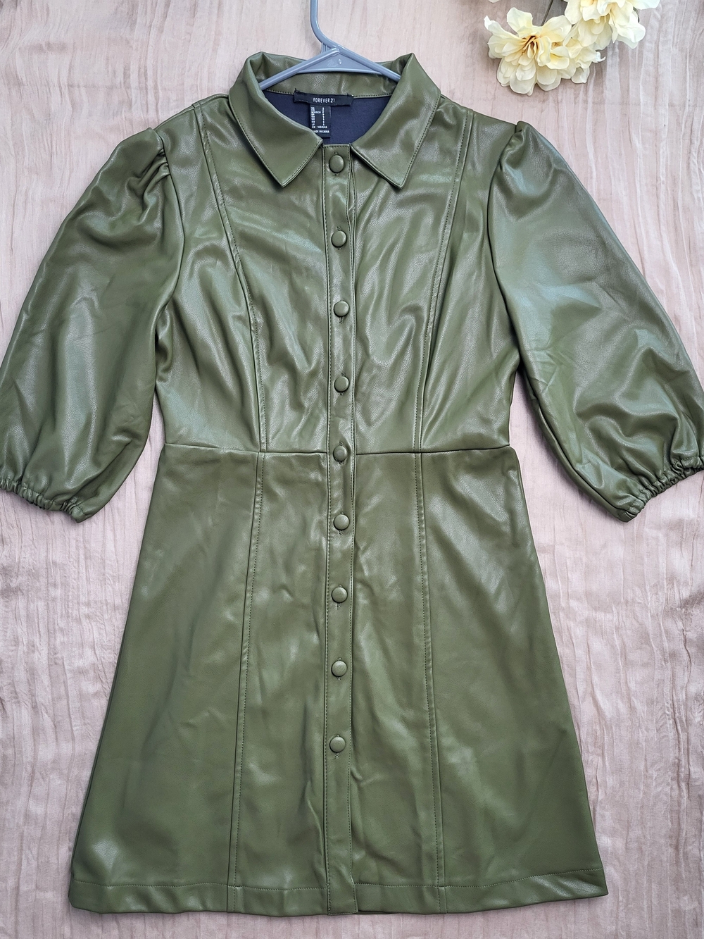 Forever 21, Olive Green Faux Leather Button-Front Dress